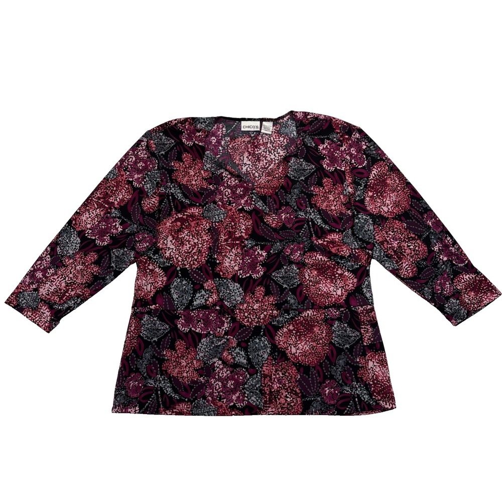Chico's Floral V-Neck Peplum Top Size 3 XL Boho 3/4 Sleeve Blouse